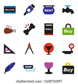 solid vector ixon set - water tap vector, welcome mat, chicken leg, pen, corner ruler, drawing compass, glass, big scales, hdmi, broken bone, mailbox, rent signboard, buy