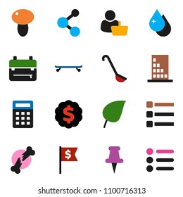 solid vector ixon set - water drop vector, ladle, mushroom, backpack, leaf, dollar medal, flag, skateboard, molecule, thumbtack, broken bone, menu, building, customer, calculator