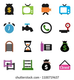 solid vector ixon set - water tap vector, washboard, alarm clock, abacus, money bag, sand, phone, big scales, film frame, tv, video camera, closed