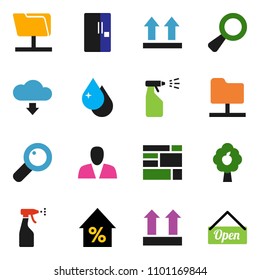 solid vector ixon set - water drop vector, sprayer, percent growth, consolidated cargo, top sign, magnifier, network folder, cloud download, fruit tree, consumer, fridge, open