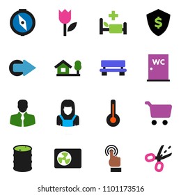 solid vector ixon set - water closet vector, cleaner woman, compass, cart, dollar shield, client, tulip, oil barrel, touchscreen, thermometer, hospital bed, bench, arrow, chalet, ari condition