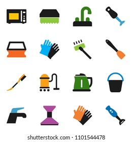 solid vector ixon set - water tap vector, vacuum cleaner, bucket, sponge, car fetlock, rubber glove, kettle, spatula, microwave oven, blender