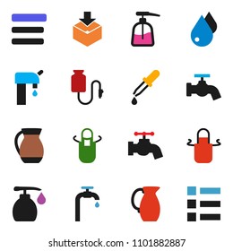 solid vector ixon set - water drop vector, tap, liquid soap, apron, jug, package, dropper, counter, menu, supply
