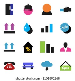 solid vector ixon set - water drop vector, percent growth, top sign, sorting, classic phone, lan connector, bench, cloud download, consumer, fridge, sale, open