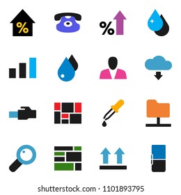 solid vector ixon set - water drop vector, percent growth, consolidated cargo, top sign, sorting, classic phone, magnifier, dropper, network folder, lan connector, cloud download, consumer, fridge