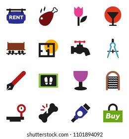 solid vector ixon set - water tap vector, welcome mat, washboard, chicken leg, pen, drawing compass, Railway carriage, glass, tulip, big scales, hdmi, broken bone, plan, rent signboard, buy