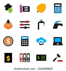 solid vector ixon set - water tap vector, calculator, notebook pc, leaf, dollar coin, receipt, binder, phone, package, cloud exchange, equalizer, supply, home protect, auction