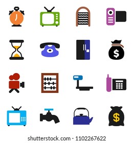 solid vector ixon set - water tap vector, washboard, kettle, alarm clock, abacus, money bag, phone, big scales, tv, video camera, classic, sand, fridge