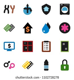 solid vector ixon set - water drop vector, window cleaning, shining, dollar growth, monitor, bottle, route, ambulance star, gender sign, pills blister, chromosomes, washer, home protect, lock