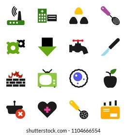solid vector ixon set - water tap vector, skimmer, cereal, apple fruit, arrow down, any currency, heart cross, scalpel, hospital building, ovule, firewall, router, tv, basket, mail
