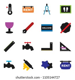 solid vector ixon set - water tap vector, splotch, welcome mat, rolling pin, thermometer, pen, corner ruler, drawing compass, glass, rent signboard