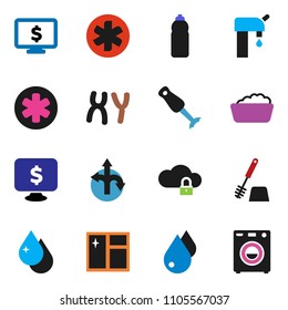 solid vector ixon set - water drop vector, window cleaning, toilet brush, foam basin, blender, monitor dollar, bottle, route, ambulance star, chromosomes, cloud lock, supply, washer