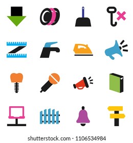 solid vector ixon set - water tap vector, scoop, iron, washing powder, plates, bell, arrow down, measuring, no hook, microphone, tooth implant, notebook network, fence, loudspeaker, signpost
