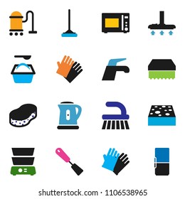solid vector ixon set - water tap vector, vacuum cleaner, fetlock, mop, sponge, washing powder, rubber glove, kettle, spatula, microwave oven, double boiler, fridge