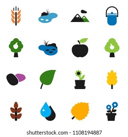 solid vector ixon set - water drop vector, camping cauldron, cereal, potato, leaf, diet, cereals, pond, fruit tree, mountain, flower in pot