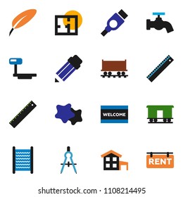 solid vector ixon set - water tap vector, splotch, welcome mat, washboard, pen, pencil, ruler, drawing compass, Railway carriage, big scales, hdmi, cottage, plan, rent signboard
