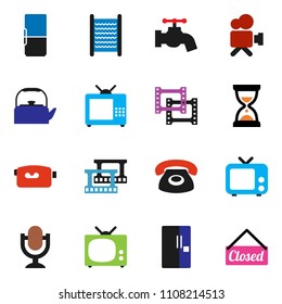 solid vector ixon set - water tap vector, washboard, kettle, sand clock, film frame, tv, video camera, microphone, fridge, phone, closed
