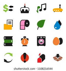 solid vector ixon set - water drop vector, toilet paper, egg, cake, book, alarm clock, music, leaf, exchange, attention, router, refresh, estate document, washer, mailbox, package