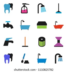 solid vector ixon set - water tap vector, mop, sponge, car fetlock, bath, toilet brush, liquid soap, paper, shower, tooth