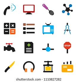 solid vector ixon set - water tap vector, steaming, cook press, skimmer, knife, drawing compass, headphones, monitor, social media, anamnesis, connect, menu, stop, tv, calculator, mail