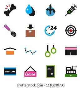 solid vector ixon set - water drop vector, window cleaning, welcome mat, skimmer, constellation, shorts, target, gymnast rings, route, dry cargo, package, syringe, broken bone, closed, 24 hour