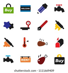 solid vector ixon set - water tap vector, splotch, welcome mat, rolling pin, thermometer, chicken leg, pen, pencil, big scales, rent signboard, mailbox, buy