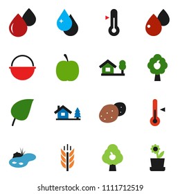 solid vector ixon set - water drop vector, camping cauldron, thermometer, potato, leaf, diet, cereals, blood, chalet, pond, fruit tree, flower in pot
