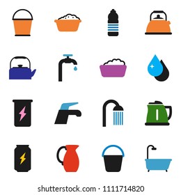 solid vector ixon set - water tap vector, bucket, drop, foam basin, shower, kettle, jug, enegry drink, bottle, supply, bath
