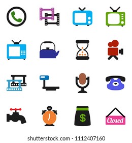 solid vector ixon set - water tap vector, kettle, alarm clock, big scales, film frame, tv, video camera, microphone, classic phone, sand, money bag, closed