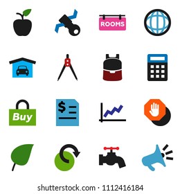 solid vector ixon set - water tap vector, drawing compass, backpack, apple fruit, world, leaf, graph, annual report, satellite, redo, stop, garage, rooms signboard, buy, calculator, loudspeaker