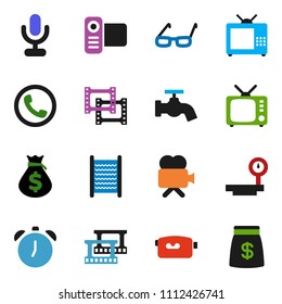 solid vector ixon set - water tap vector, washboard, glasses, alarm clock, money bag, big scales, film frame, tv, video camera, microphone, phone