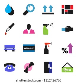 solid vector ixon set - water drop vector, welcome mat, sprayer, percent growth, consolidated cargo, top sign, classic phone, magnifier, dropper, broken bone, lan connector, bench, consumer, fridge