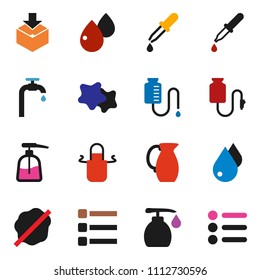 solid vector ixon set - water drop vector, splotch, liquid soap, apron, jug, package, dropper, blood, counter, menu, supply