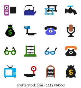 solid vector ixon set - water tap vector, washboard, kettle, glasses, abacus, money bag, phone, big scales, film frame, video camera, microphone, classic, tv