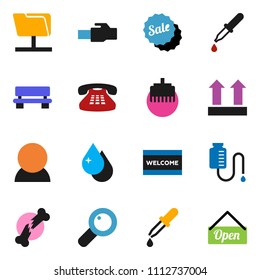 solid vector ixon set - water drop vector, welcome mat, top sign, classic phone, magnifier, dropper, broken bone, counter, network folder, lan connector, bench, consumer, sale, open