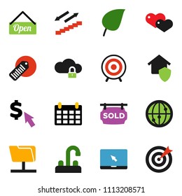 solid vector ixon set - water tap vector, leaf, calendar, dollar cursor, target, stairways run, barcode, internet, notebook pc, heart, network folder, cloud lock, sold signboard, home protect, open