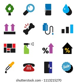 solid vector ixon set - water drop vector, sprayer, percent growth, consolidated cargo, top sign, sorting, classic phone, magnifier, dropper, broken bone, counter, fruit tree, fridge, sale
