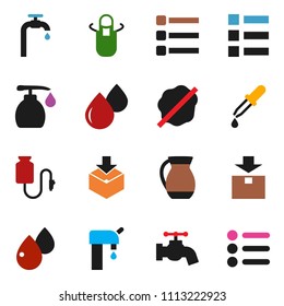 solid vector ixon set - water tap vector, splotch, liquid soap, apron, jug, package, dropper, blood drop, counter, menu, supply