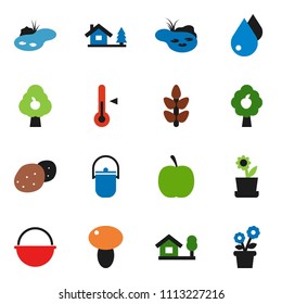solid vector ixon set - water drop vector, camping cauldron, thermometer, mushroom, potato, diet, cereals, chalet, pond, fruit tree, flower in pot