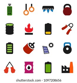 solid vector ixon set - weight vector, hand trainer, boxing glove, gymnast rings, flammable, oil barrel, remote control, battery, rca, solar panel, air conditioner, factory