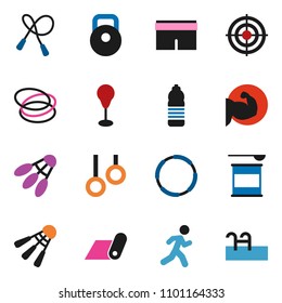 solid vector ixon set - weight vector, jump rope, punching bag, muscule hand, shorts, target, sports nutrition, water bottle, fitness mat, shuttlecock, hoop, gymnast rings, run, pool