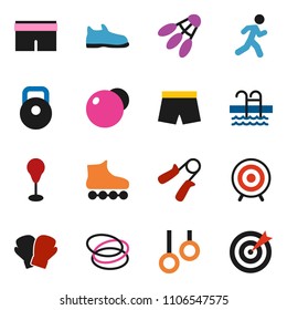 solid vector ixon set - weight vector, hand trainer, punching bag, fitball, snickers, boxing glove, shorts, roller Skates, target, shuttlecock, pool, hoop, gymnast rings, run