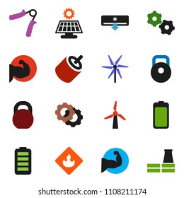 solid vector ixon set - weight vector, hand trainer, muscule, flammable, battery, rca, gear, solar panel, windmill, air conditioner, factory