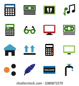 solid vector ixon set - welcome mat vector, pen, glasses, calculator, music, cash, money, top sign, monitor, share, home, water supply