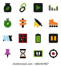 solid vector ixon set - welcome mat vector, shining window, rolling pin, cereal, sand clock, stopwatch, roller Skates, signpost, equalizer, link, thumbtack, battery, play button, pause, bandage