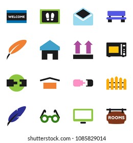 solid vector ixon set - welcome mat vector, microwave oven, pen, glasses, dry cargo, top sign, monitor, mail, home, bench, connection, fence, rooms signboard