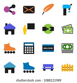 solid vector ixon set - welcome mat vector, pen, blackboard, calculator, roller Skates, money, mail, share, home, bench, connection, water supply, fence