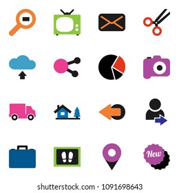 solid vector ixon set - welcome mat vector, pie graph, case, delivery, cargo search, camera, social media, mail, scissors, arrow, cloud upload, login, pin, chalet, tv, new
