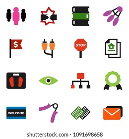 solid vector ixon set - welcome mat vector, book, medal, man, dollar flag, scales, hand trainer, shuttlecock, rca, eye, pills blister, disconnection, hierarchy, stop, estate document, mail
