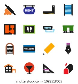 solid vector ixon set - welcome mat vector, washboard, rolling pin, pen, pencil, corner ruler, glass, Railway carriage, hdmi, cottage, plan, rent signboard, mailbox